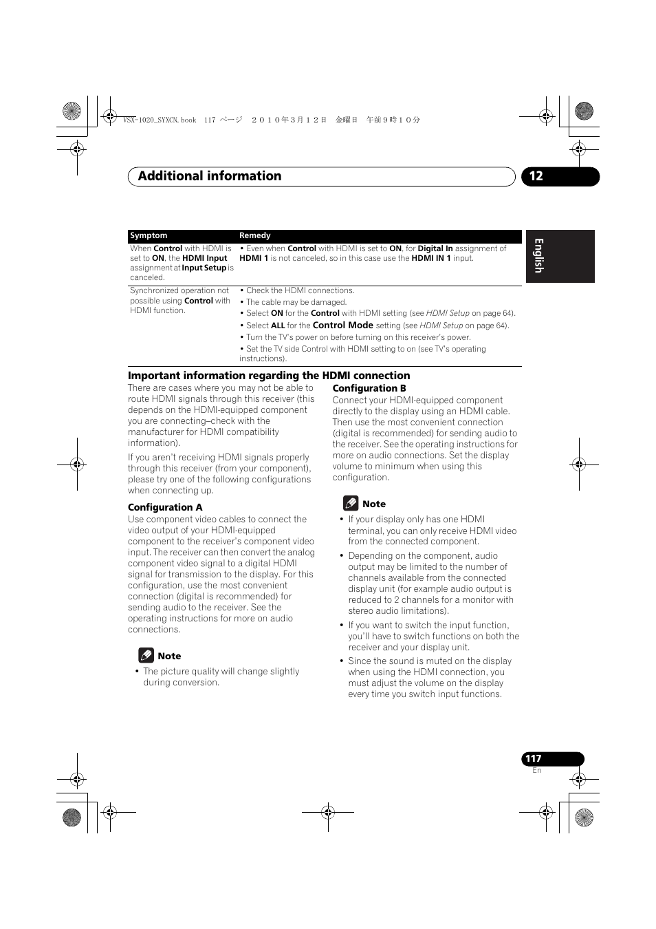Configuration a, Note, Configuration b | Additional information 12 | Pioneer VSX-920-K User Manual | Page 117 / 400