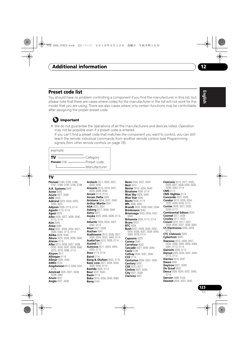 Preset code list, Important, Additional information 12 | Pioneer VSX-920-K User Manual | Page 123 / 400