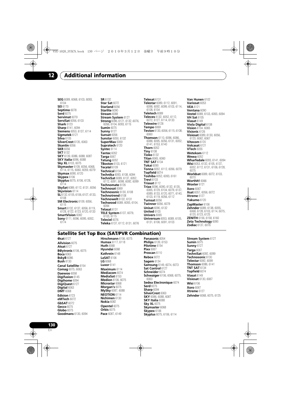 Satellite set top box (sat/pvr combination), Additional information 12 | Pioneer VSX-920-K User Manual | Page 130 / 400