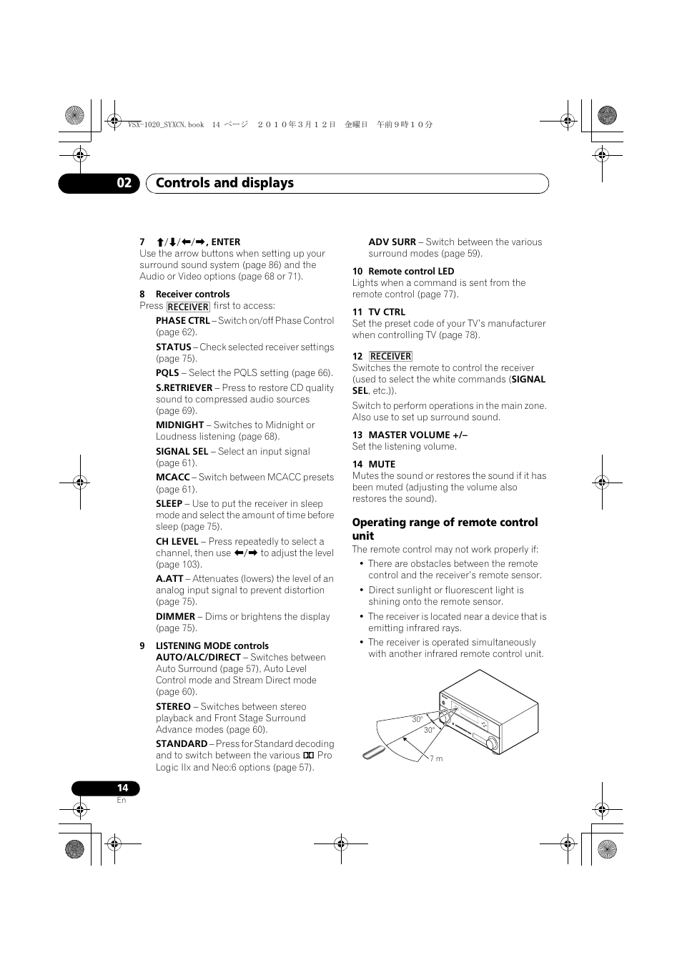 7 i/j/k/l, enter, 8 receiver controls, 9 listening mode controls | 10 remote control led, 11 tv ctrl, 13 master volume, 14 mute, Operating range of remote control unit, Controls and displays 02 | Pioneer VSX-920-K User Manual | Page 14 / 400