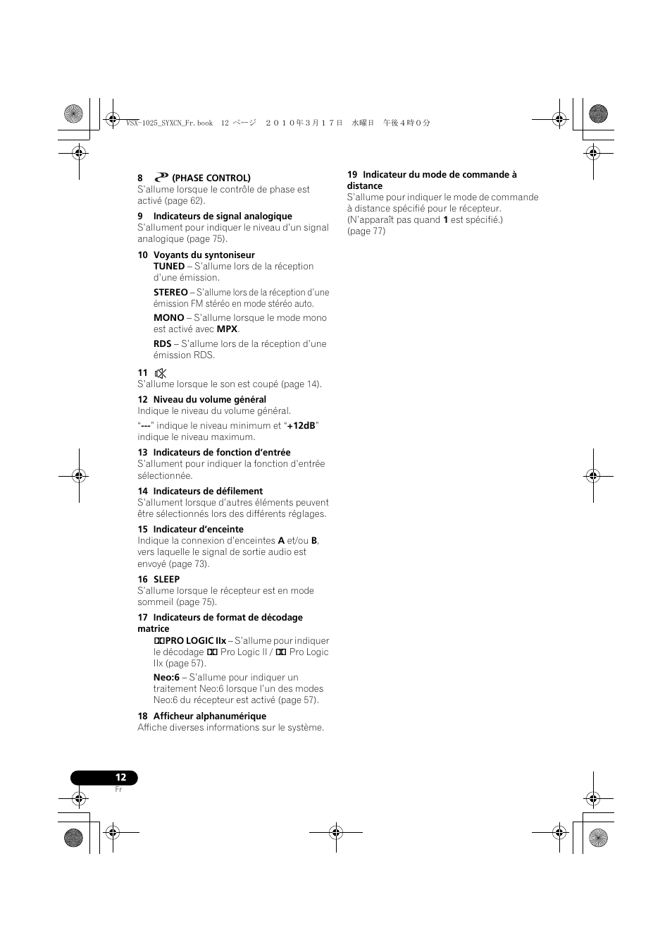 8 (phase control), 9 indicateurs de signal analogique, 10 voyants du syntoniseur | 12 niveau du volume général, 13 indicateurs de fonction d’entrée, 14 indicateurs de défilement, 15 indicateur d’enceinte, 16 sleep, 17 indicateurs de format de décodage matrice, 18 afficheur alphanumérique | Pioneer VSX-920-K User Manual | Page 144 / 400