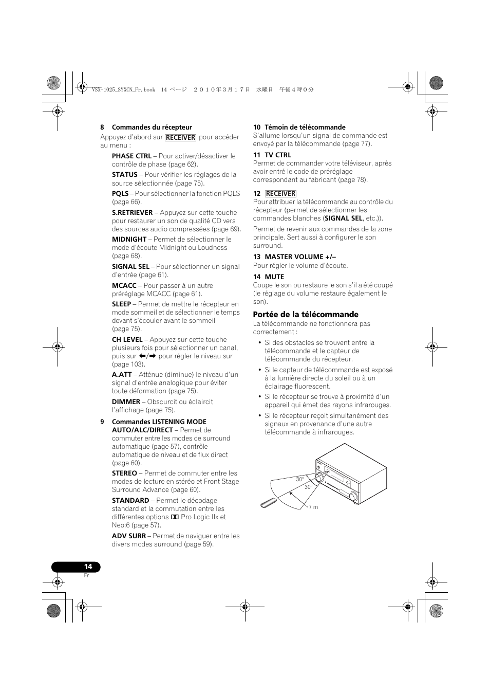 8 commandes du récepteur, 9 commandes listening mode, 10 témoin de télécommande | 11 tv ctrl, 13 master volume, 14 mute, Portée de la télécommande | Pioneer VSX-920-K User Manual | Page 146 / 400