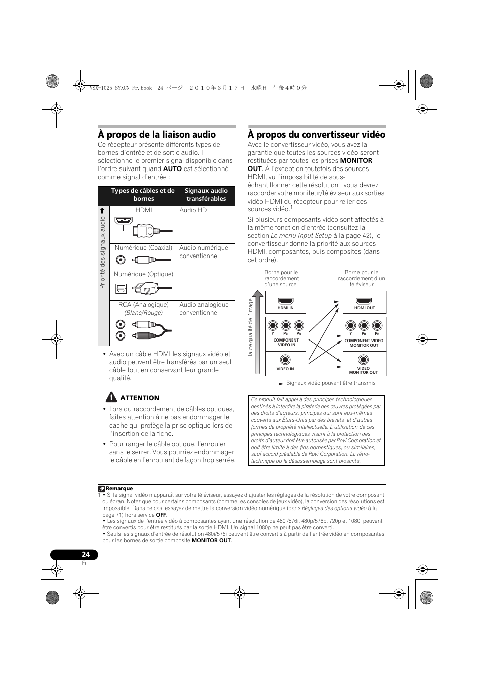 À propos de la liaison audio, Hdmi, Audio hd | Numérique (coaxial), Audio numérique conventionnel, Numérique (optique), Rca (analogique), Blanc/rouge), Audio analogique conventionnel, Attention | Pioneer VSX-920-K User Manual | Page 156 / 400