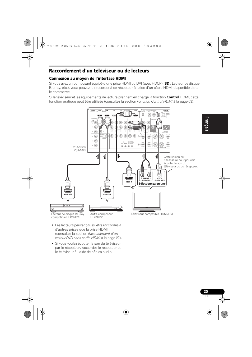 Raccordement d’un téléviseur ou de lecteurs, Connexion au moyen de l’interface hdmi | Pioneer VSX-920-K User Manual | Page 157 / 400