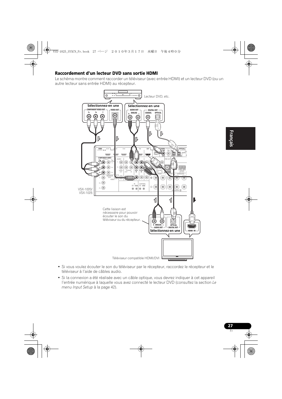 Raccordement d’un lecteur dvd sans sortie hdmi | Pioneer VSX-920-K User Manual | Page 159 / 400