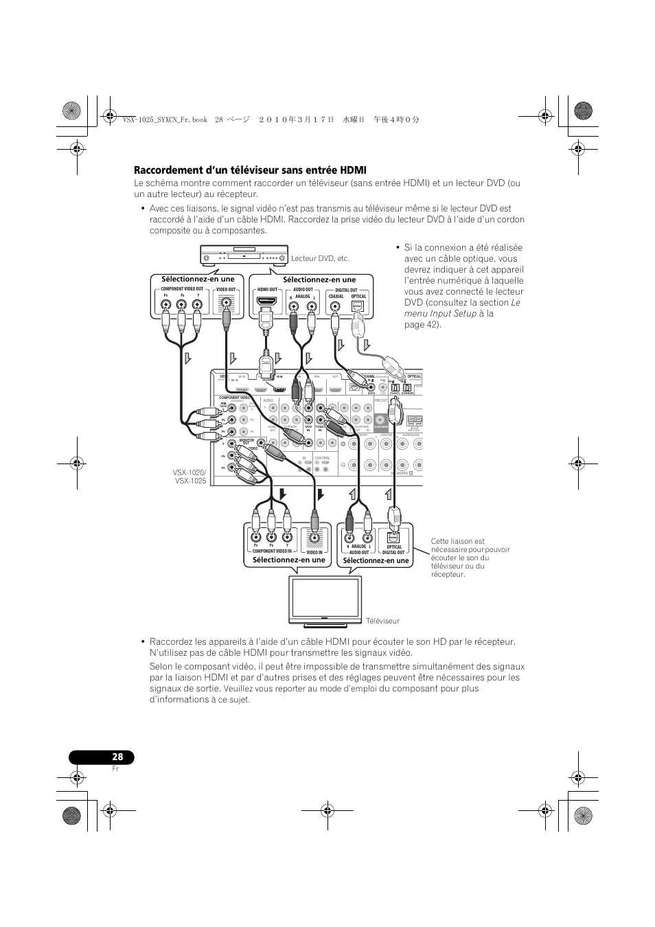 Raccordement d’un téléviseur sans entrée hdmi, Du composant pour plus d’informations, Veuillez vous reporter au mode d’emploi | À ce sujet | Pioneer VSX-920-K User Manual | Page 160 / 400