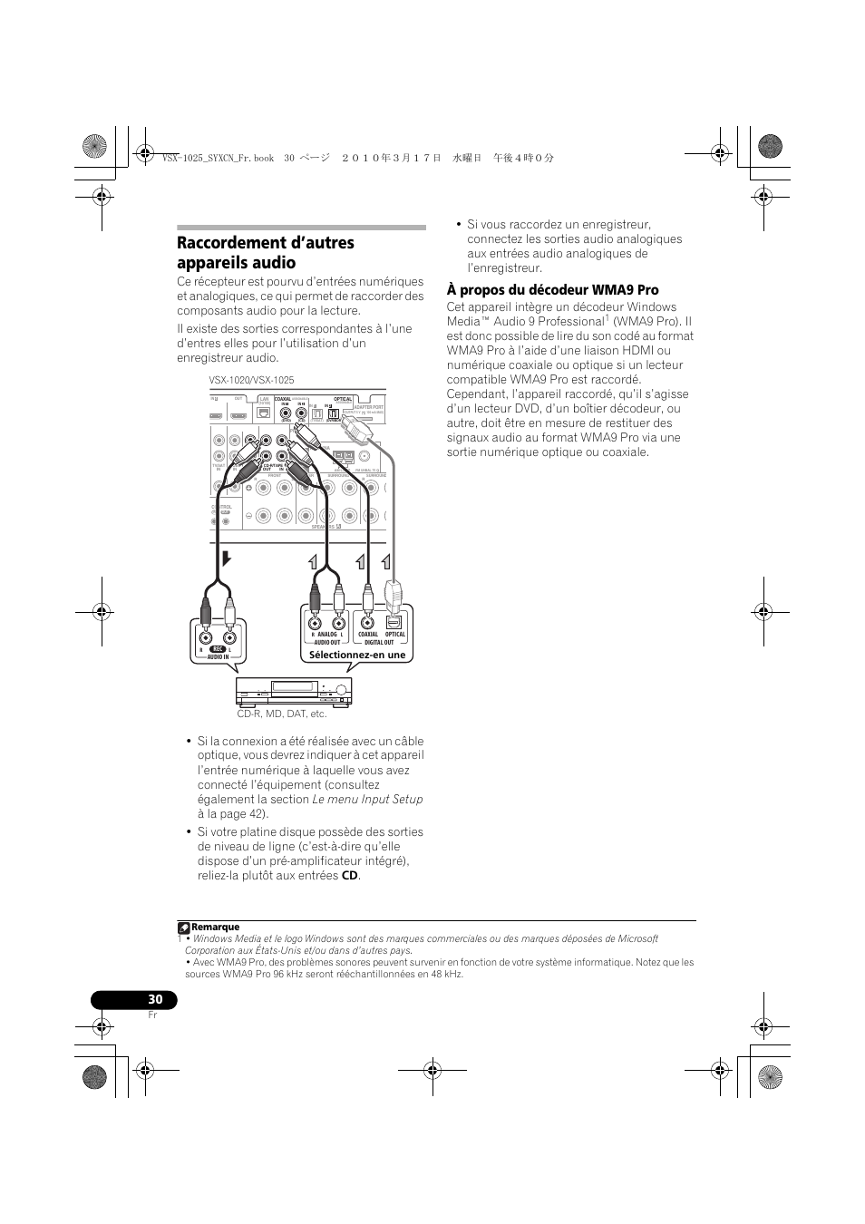 Raccordement d’autres appareils audio, À propos du décodeur wma9 pro | Pioneer VSX-920-K User Manual | Page 162 / 400