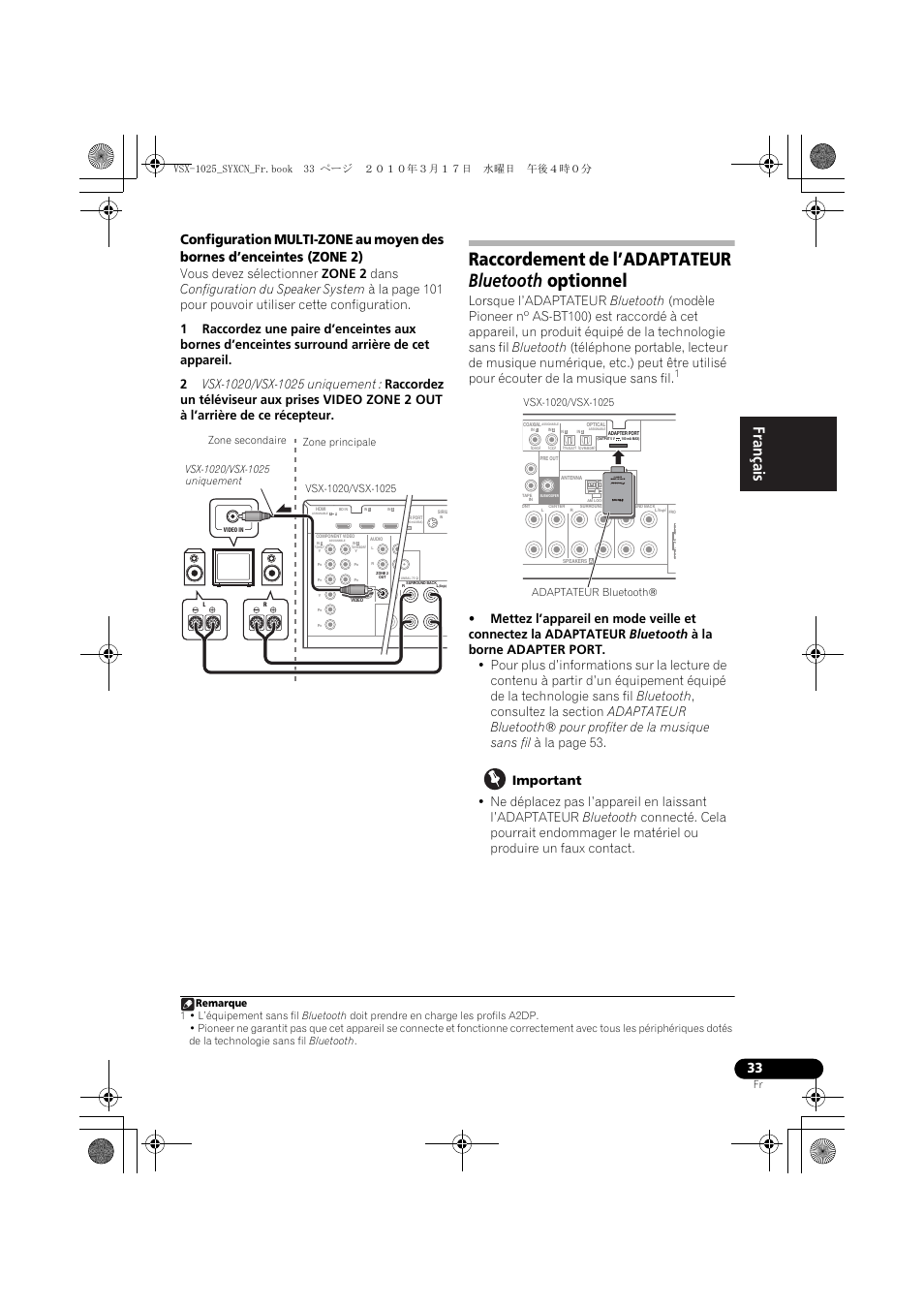 Raccordement de l’adaptateur bluetooth optionnel, Important | Pioneer VSX-920-K User Manual | Page 165 / 400