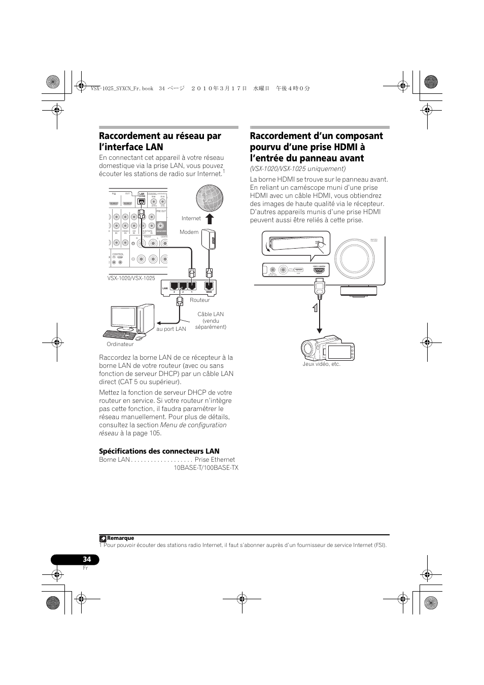Raccordement au réseau par l’interface lan, Câble lan, Vendu séparément) | Spécifications des connecteurs lan, Vsx-1020/vsx-1025 uniquement) | Pioneer VSX-920-K User Manual | Page 166 / 400