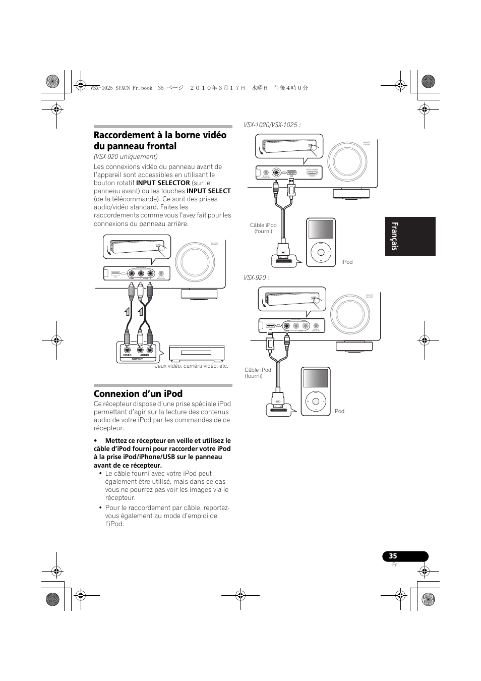 Raccordement à la borne vidéo du panneau frontal, Vsx-920 uniquement), Connexion d’un ipod | Vsx-1020/vsx-1025, Ipod, Vsx-920, Jeux vidéo, caméra vidéo, etc, Ipod câble ipod (fourni) | Pioneer VSX-920-K User Manual | Page 167 / 400