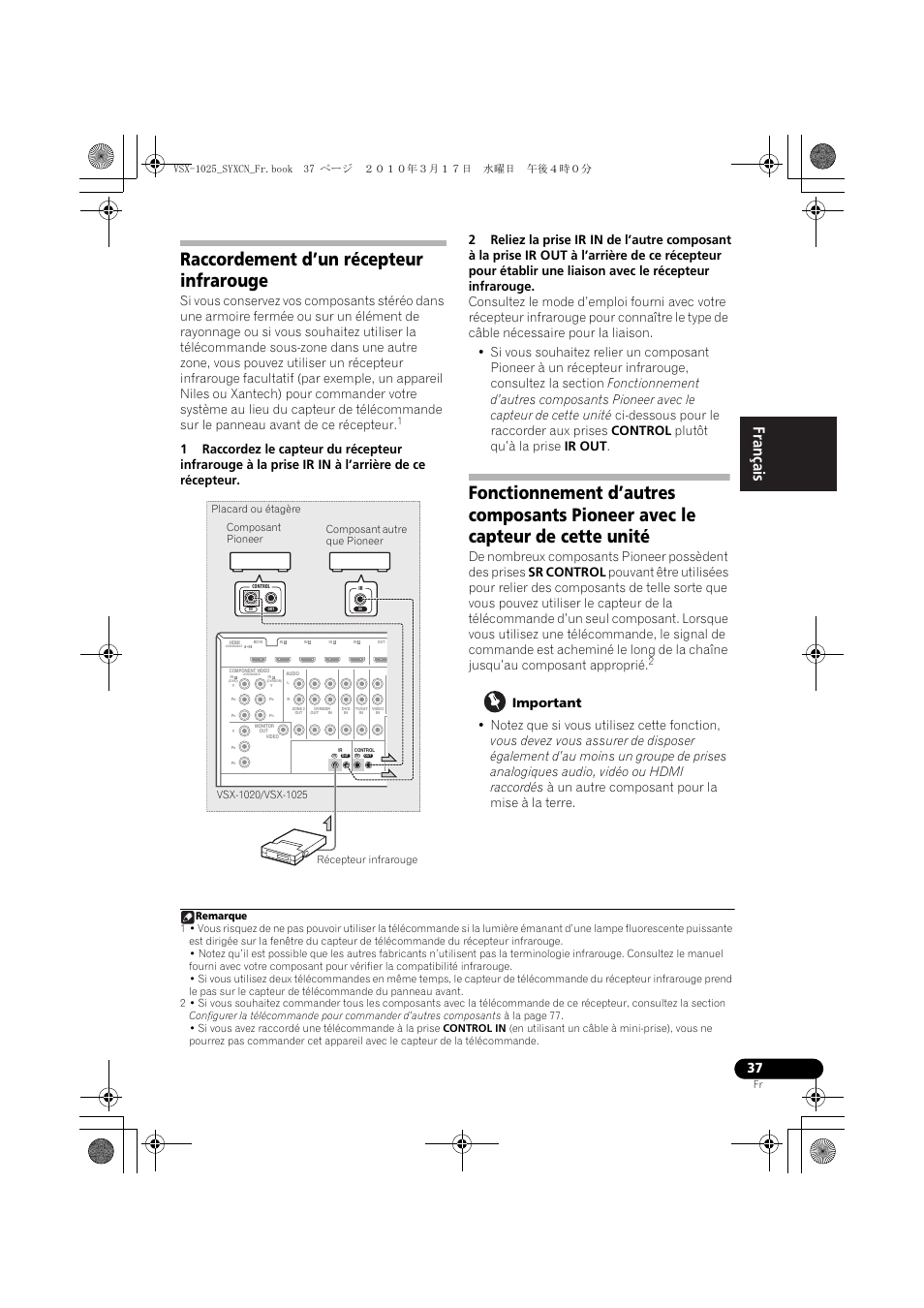 Raccordement d’un récepteur infrarouge, Important | Pioneer VSX-920-K User Manual | Page 169 / 400