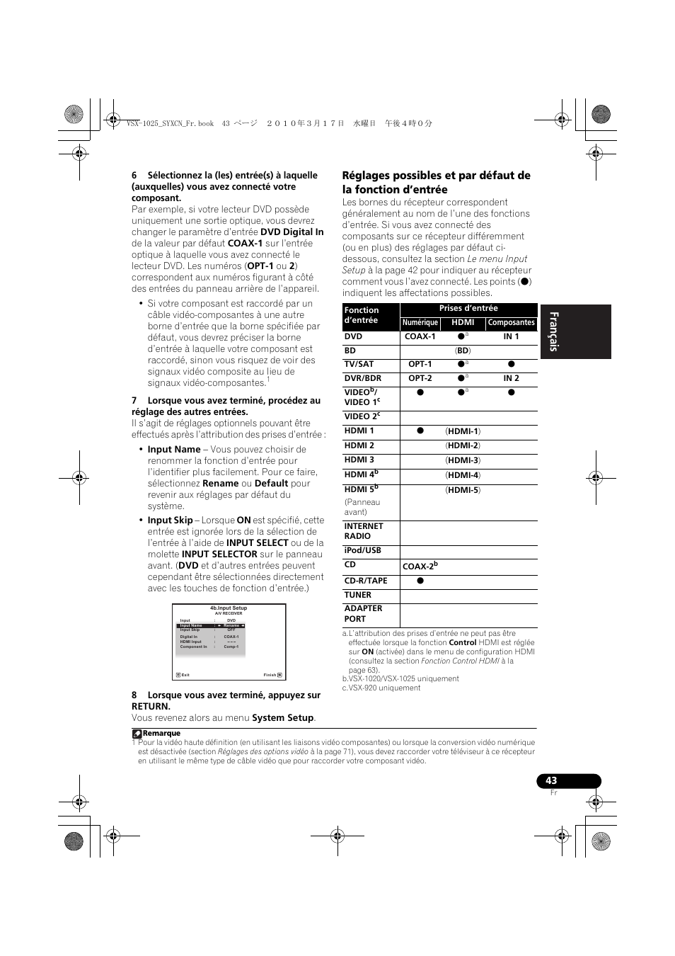 8 lorsque vous avez terminé, appuyez sur return, Coax-1, In 1 | Opt-1, Opt-2, In 2, Hdmi-1), Hdmi-2), Hdmi-3), Hdmi-4) | Pioneer VSX-920-K User Manual | Page 175 / 400