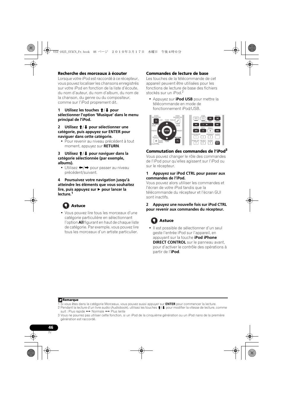 Recherche des morceaux à écouter, Astuce, Commandes de lecture de base | Commutation des commandes de l’ipod | Pioneer VSX-920-K User Manual | Page 178 / 400