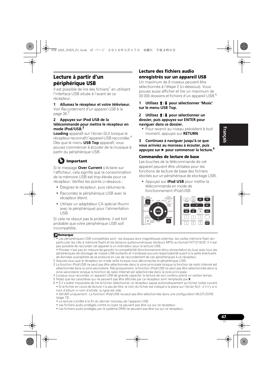 Lecture à partir d’un périphérique usb, 1 allumez le récepteur et votre téléviseur, Important | Commandes de lecture de base | Pioneer VSX-920-K User Manual | Page 179 / 400