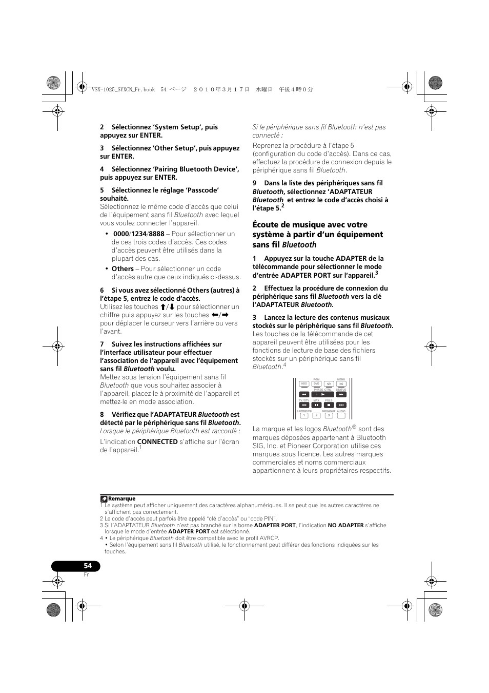 5 sélectionnez le réglage ‘passcode’ souhaité, Lorsque le périphérique bluetooth est raccordé | Pioneer VSX-920-K User Manual | Page 186 / 400