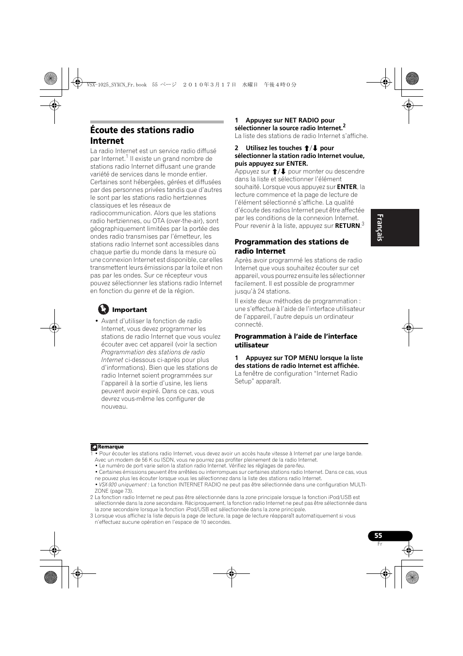 Écoute des stations radio internet, Important, Programmation des stations de radio internet | Programmation à l’aide de l’interface utilisateur | Pioneer VSX-920-K User Manual | Page 187 / 400