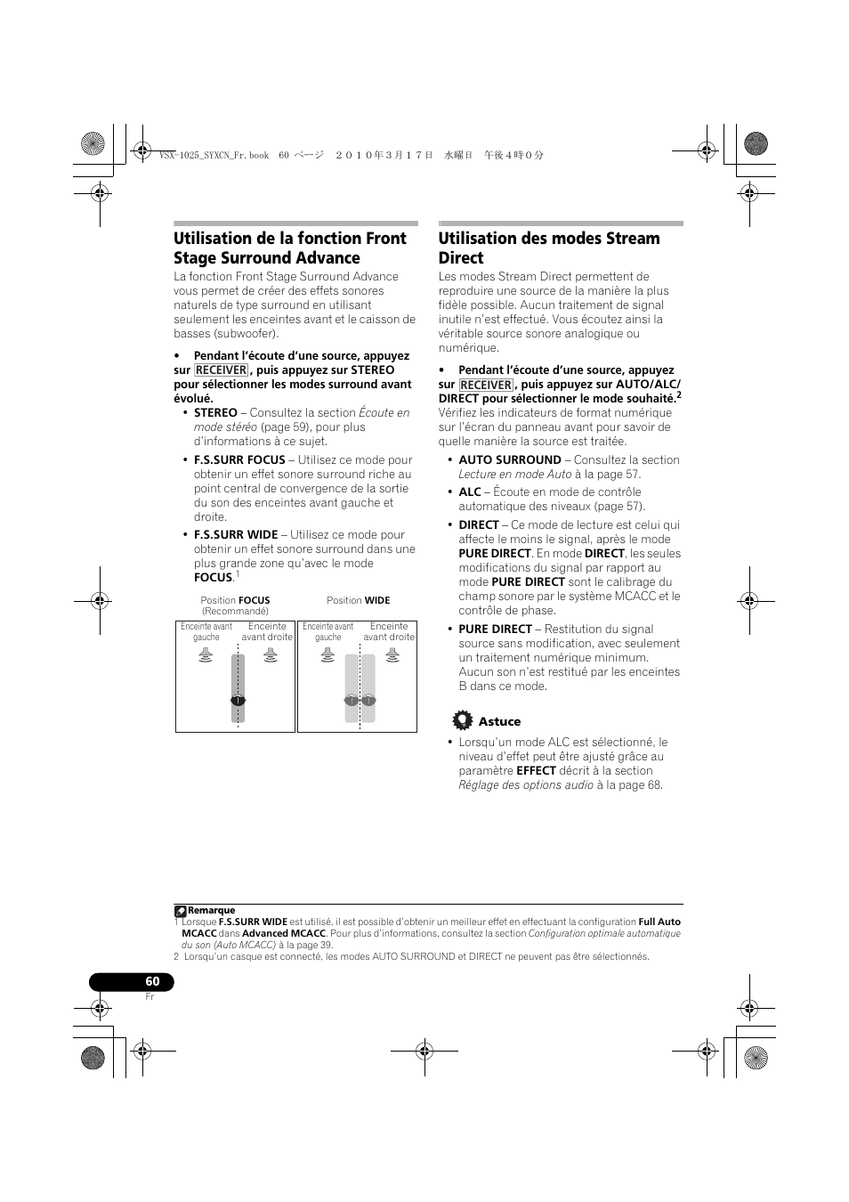Position focus (recommandé), Utilisation des modes stream direct, Astuce | Pioneer VSX-920-K User Manual | Page 192 / 400