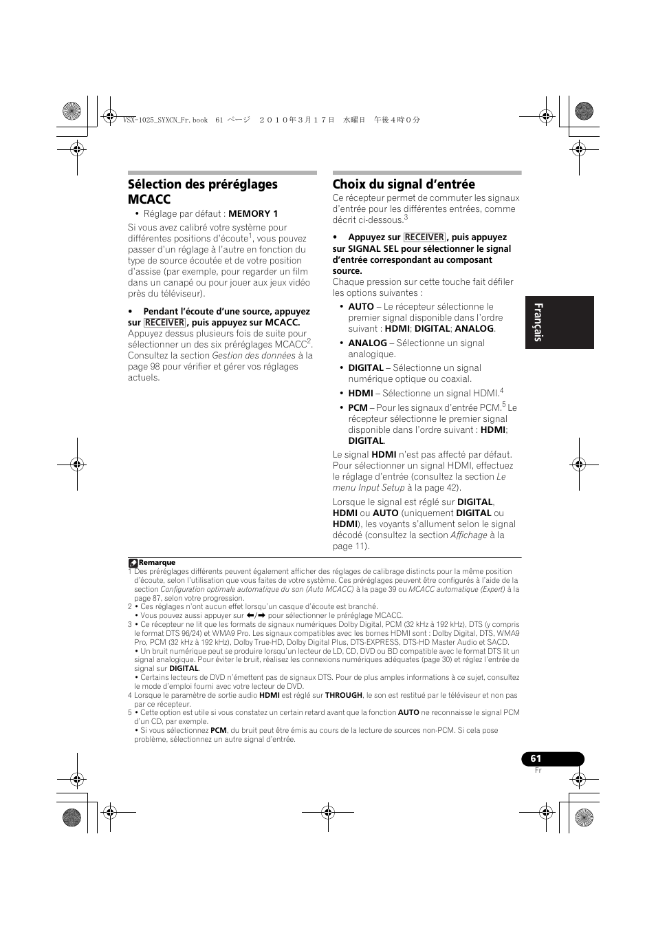 Sélection des préréglages mcacc, Choix du signal d’entrée | Pioneer VSX-920-K User Manual | Page 193 / 400