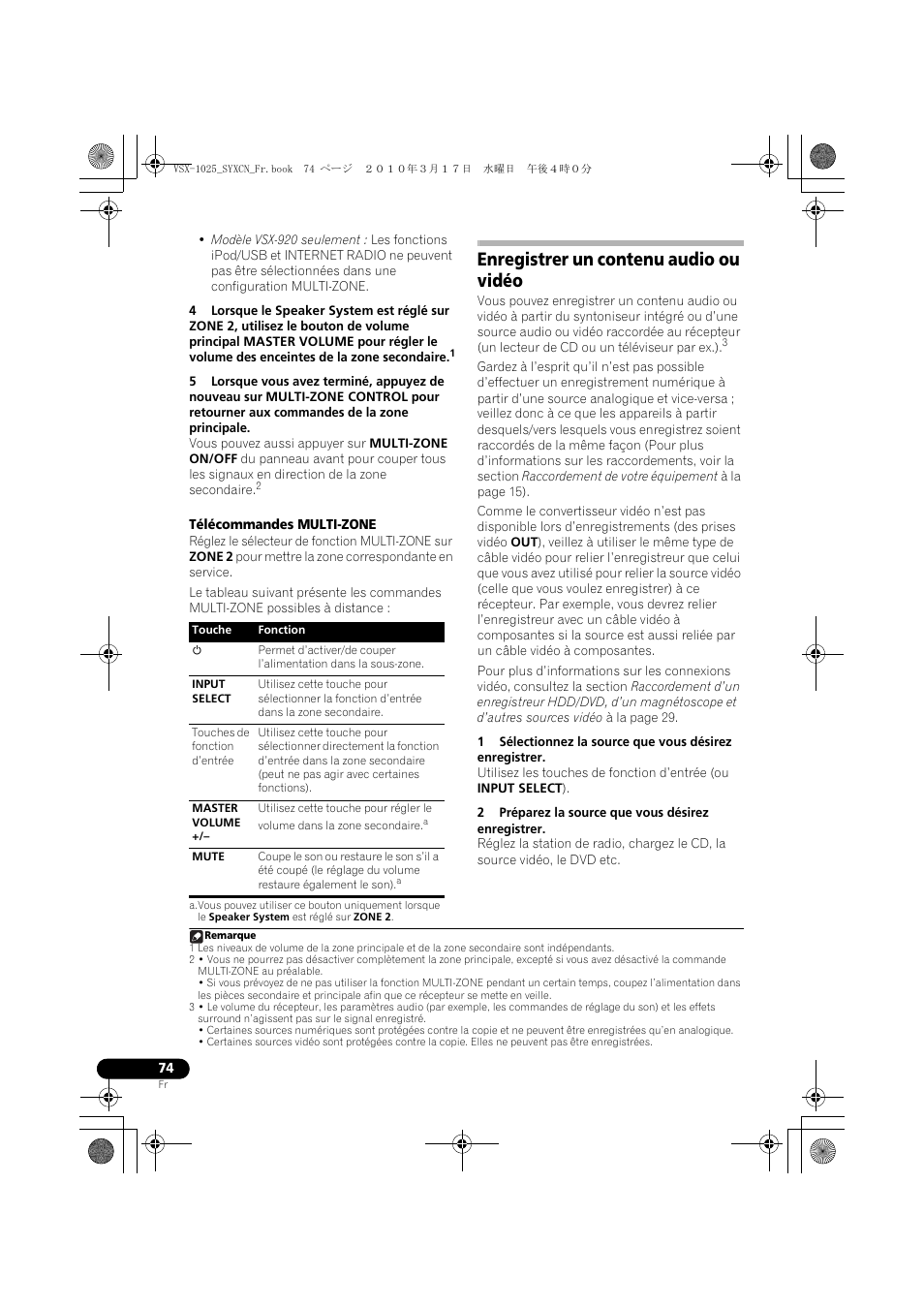 Télécommandes multi-zone, Enregistrer un contenu audio ou vidéo, 2 préparez la source que vous désirez enregistrer | Pioneer VSX-920-K User Manual | Page 206 / 400