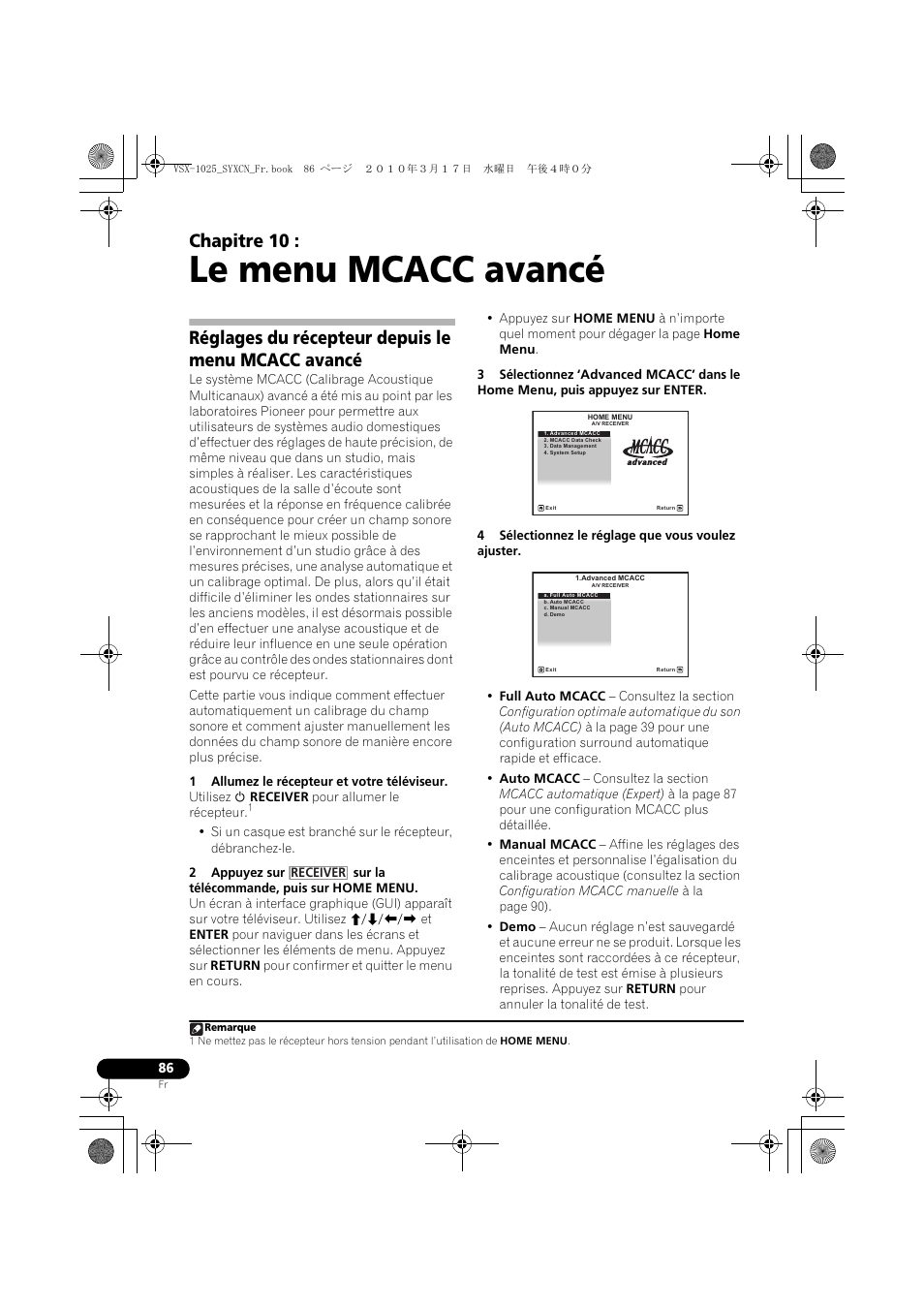 Le menu mcacc avancé, Réglages du récepteur depuis le menu mcacc avancé, 1 allumez le récepteur et votre téléviseur | 4 sélectionnez le réglage que vous voulez ajuster, 10 le menu mcacc avancé, Chapitre 10 | Pioneer VSX-920-K User Manual | Page 218 / 400