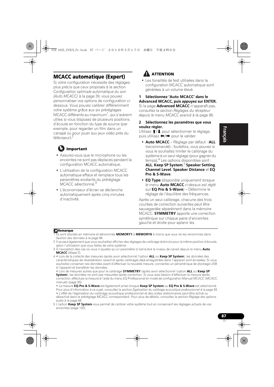 Mcacc automatique (expert), Important, Attention | Pioneer VSX-920-K User Manual | Page 219 / 400