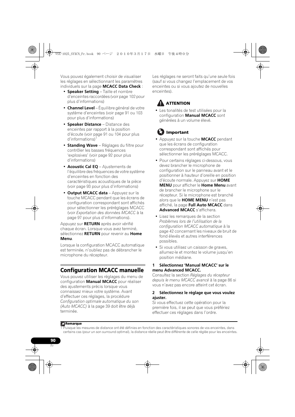 Configuration mcacc manuelle, Attention, Important | 2 sélectionnez le réglage que vous voulez ajuster | Pioneer VSX-920-K User Manual | Page 222 / 400