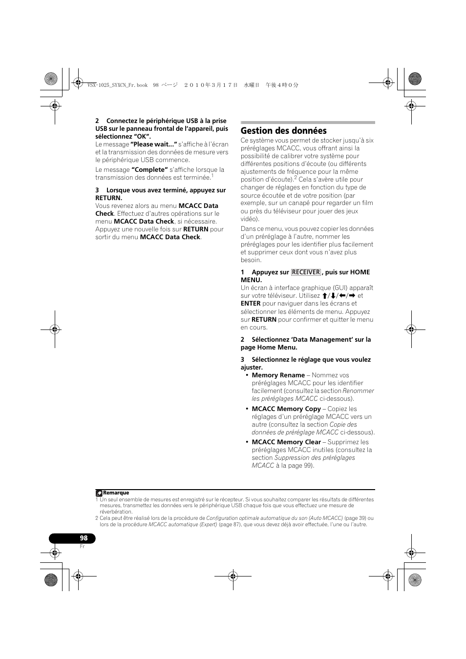 3 lorsque vous avez terminé, appuyez sur return, Gestion des données, 1 appuyez sur , puis sur home menu | 3 sélectionnez le réglage que vous voulez ajuster | Pioneer VSX-920-K User Manual | Page 230 / 400
