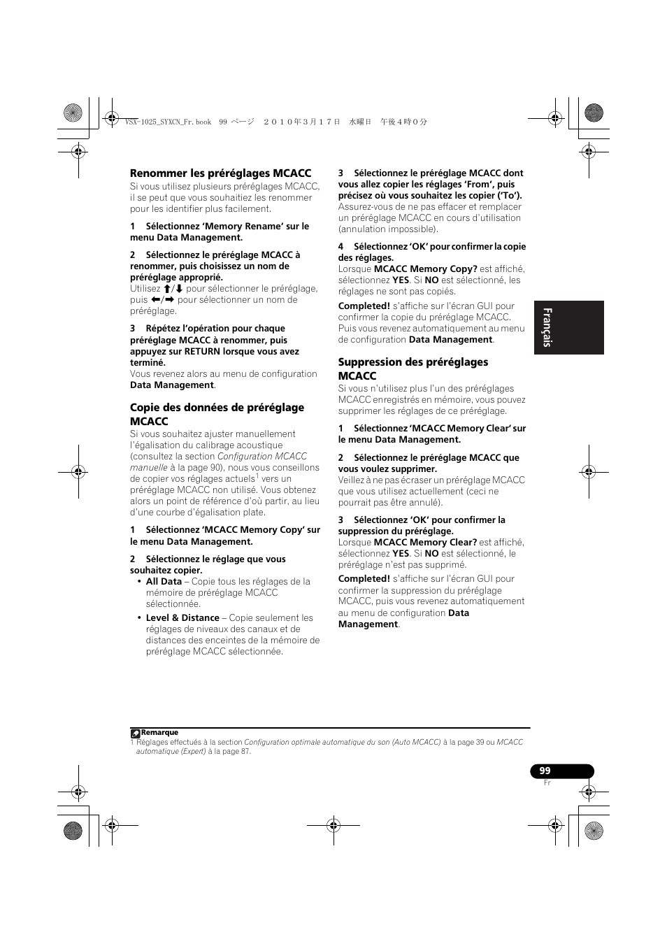 Renommer les préréglages mcacc, Copie des données de préréglage mcacc, Suppression des préréglages mcacc | Pioneer VSX-920-K User Manual | Page 231 / 400