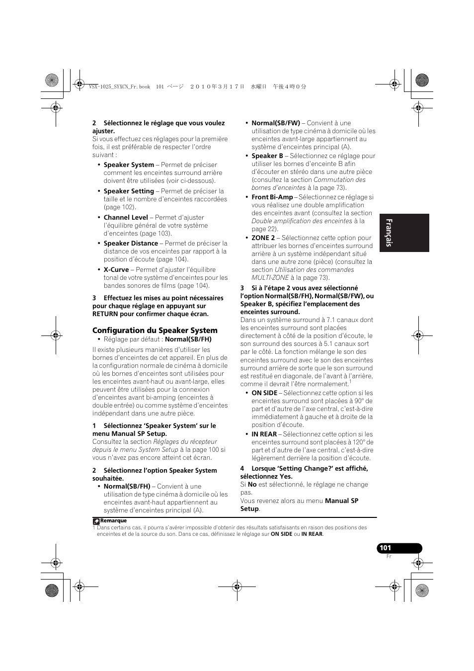 2 sélectionnez le réglage que vous voulez ajuster, Configuration du speaker system, 2 sélectionnez l’option speaker system souhaitée | Pioneer VSX-920-K User Manual | Page 233 / 400