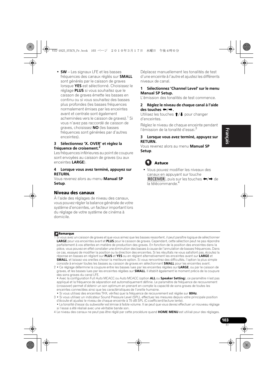 4 lorsque vous avez terminé, appuyez sur return, Niveau des canaux, 3 lorsque vous avez terminé, appuyez sur return | Astuce | Pioneer VSX-920-K User Manual | Page 235 / 400