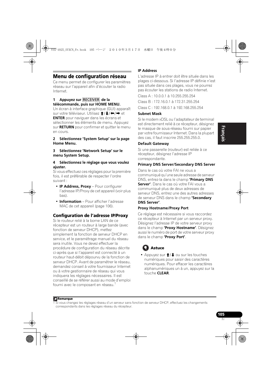 Menu de configuration réseau, 4 sélectionnez le réglage que vous voulez ajuster, Configuration de l’adresse ip/proxy | Astuce | Pioneer VSX-920-K User Manual | Page 237 / 400