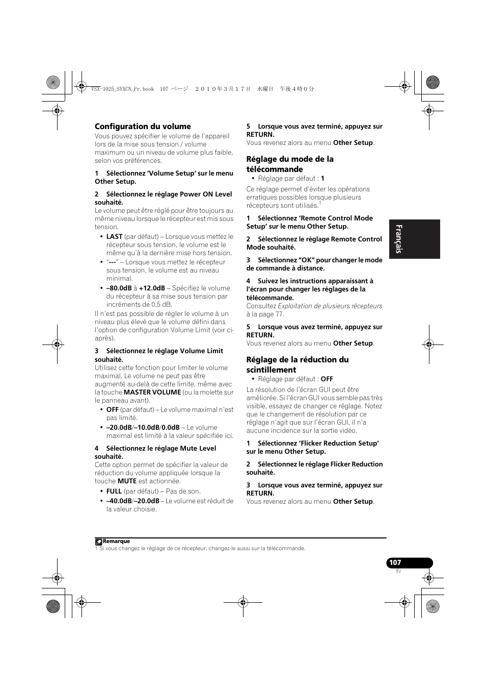 Configuration du volume, 2 sélectionnez le réglage power on level souhaité, 3 sélectionnez le réglage volume limit souhaité | 4 sélectionnez le réglage mute level souhaité, 5 lorsque vous avez terminé, appuyez sur return, Réglage du mode de la télécommande, Réglage de la réduction du scintillement, 3 lorsque vous avez terminé, appuyez sur return | Pioneer VSX-920-K User Manual | Page 239 / 400