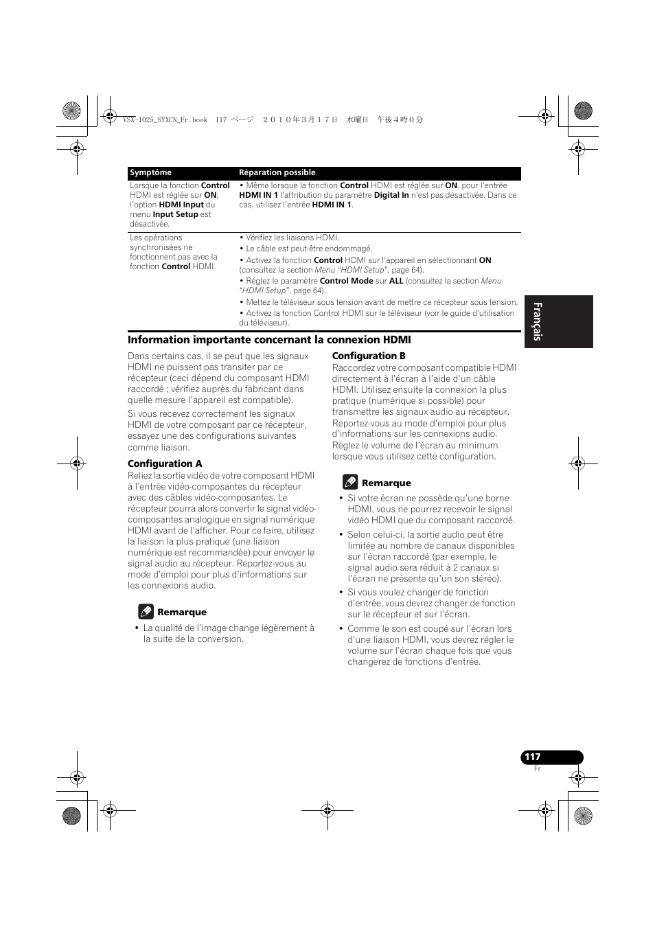 Configuration a, Remarque, Configuration b | Pioneer VSX-920-K User Manual | Page 249 / 400