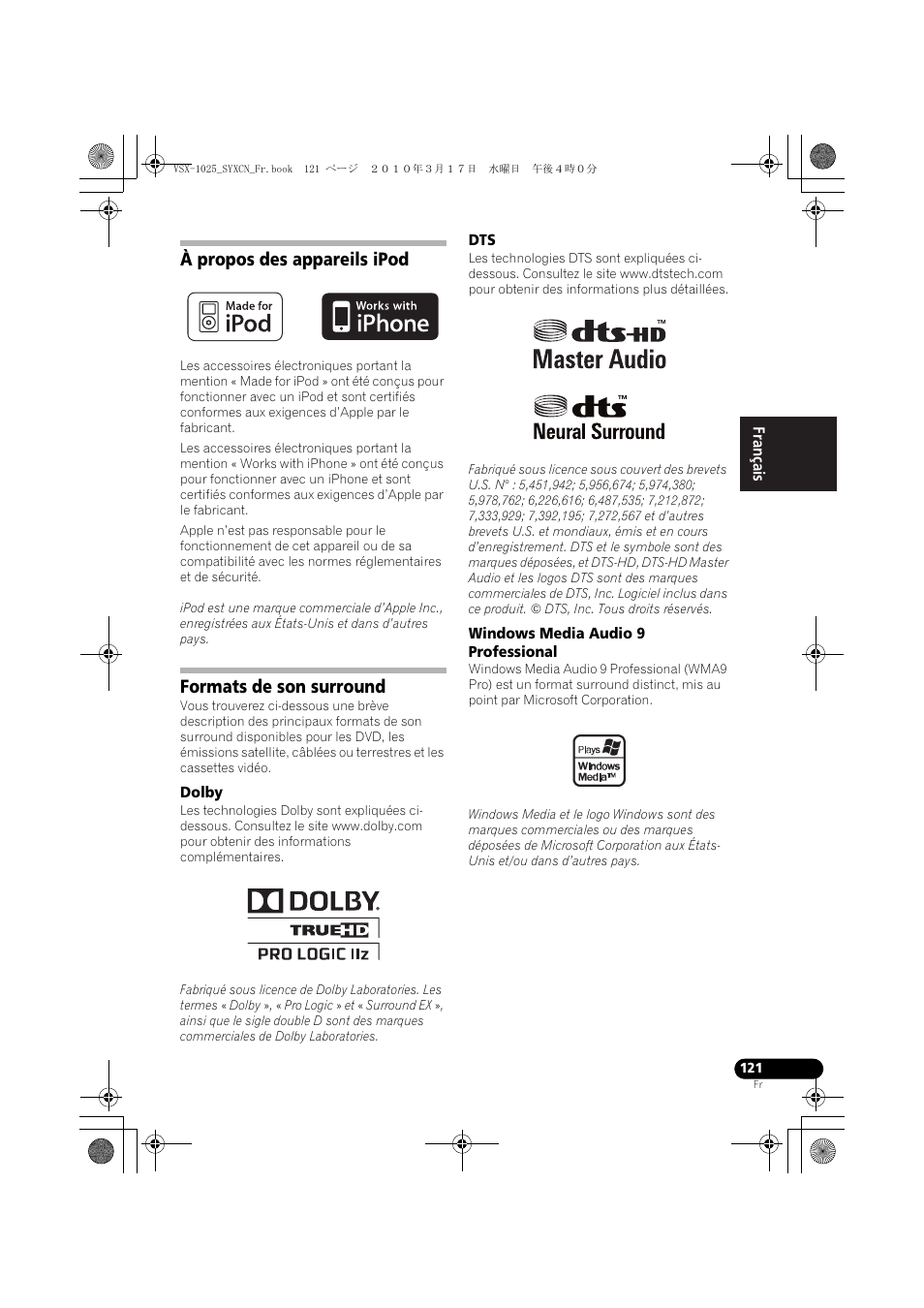 À propos des appareils ipod, Formats de son surround, Dolby | Windows media audio 9 professional | Pioneer VSX-920-K User Manual | Page 253 / 400