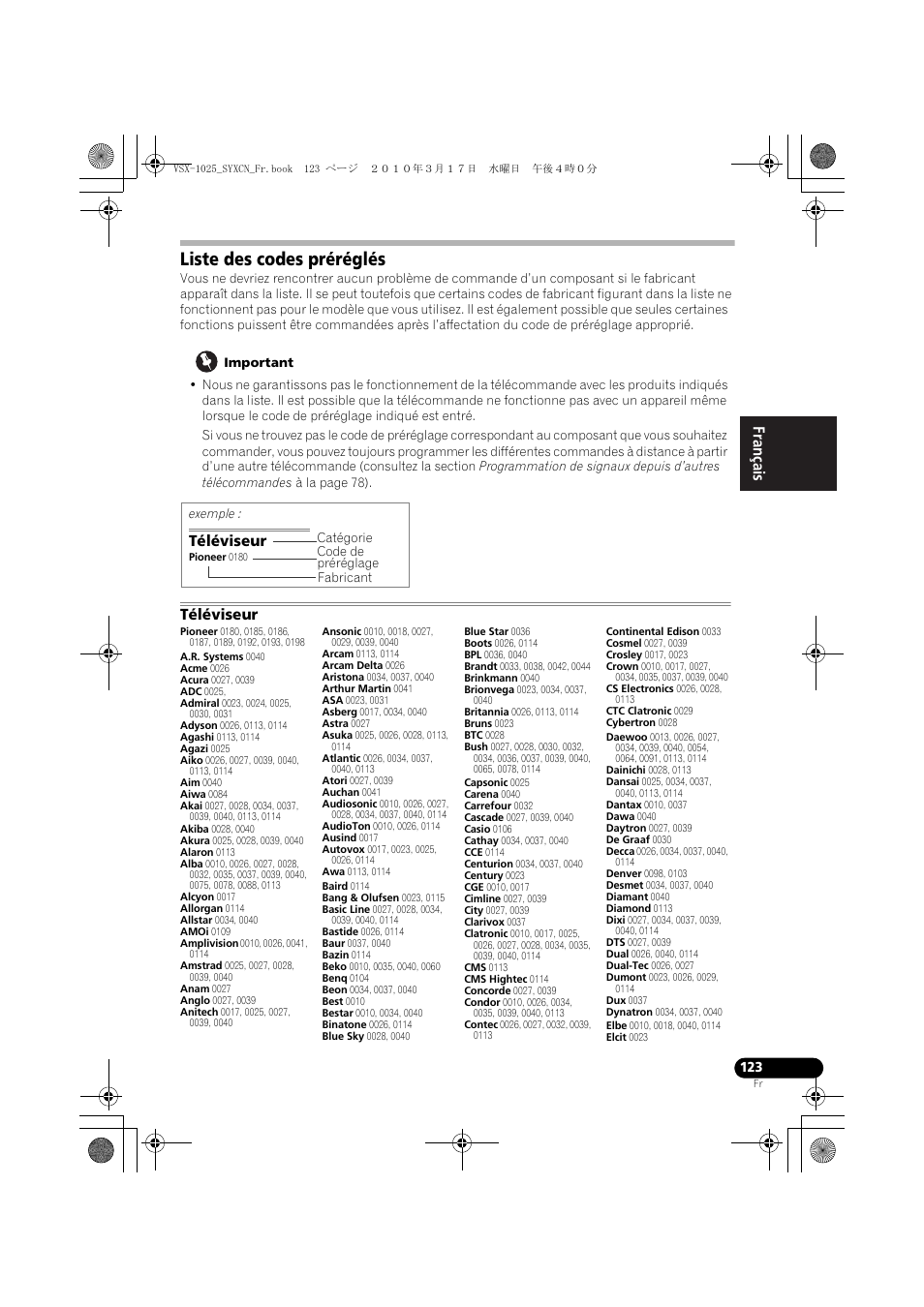 Liste des codes préréglés, Important, Téléviseur | Pioneer VSX-920-K User Manual | Page 255 / 400