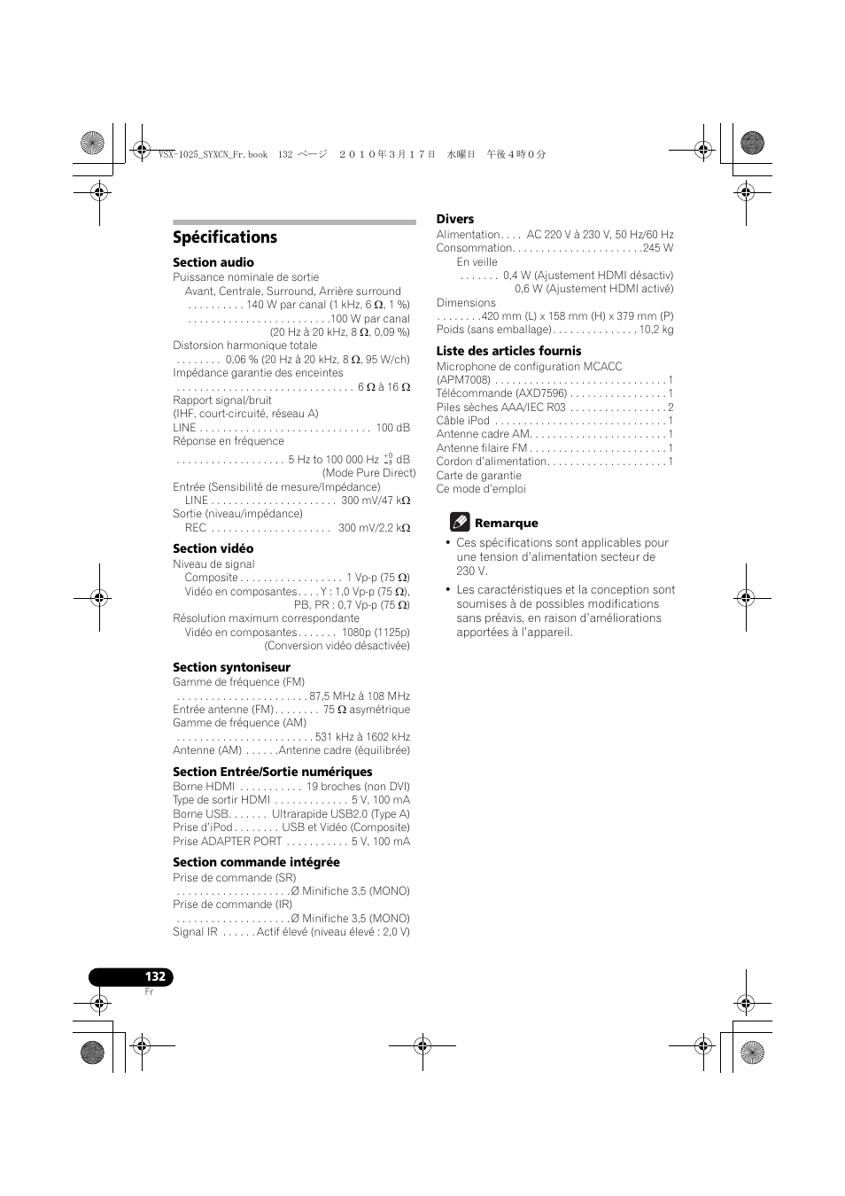 Spécifications, Section audio, Section vidéo | Section syntoniseur, Section entrée/sortie numériques, Section commande intégrée, Divers, Liste des articles fournis, Remarque | Pioneer VSX-920-K User Manual | Page 264 / 400