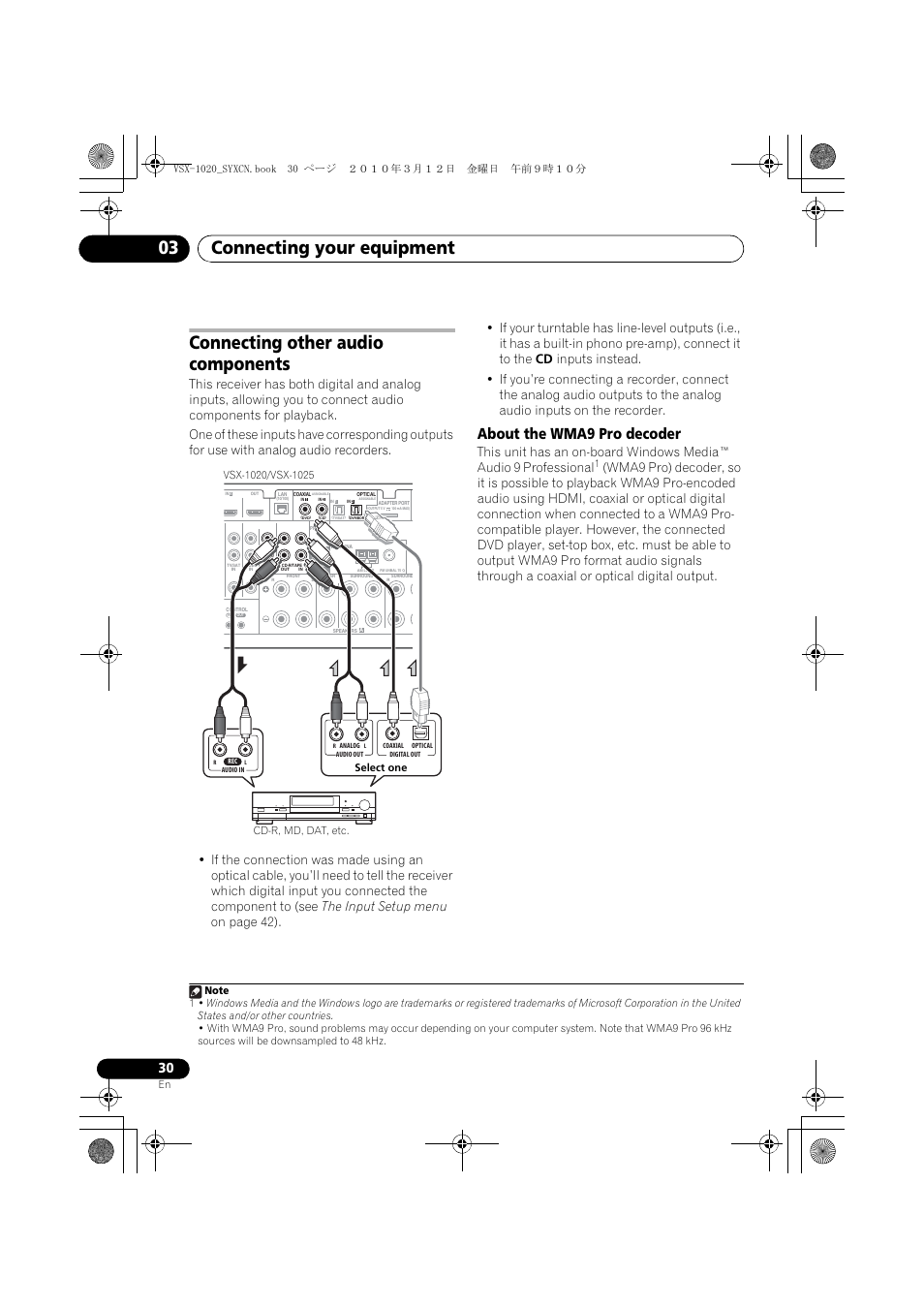 Connecting other audio components, About the wma9 pro decoder, Connecting your equipment 03 | Pioneer VSX-920-K User Manual | Page 30 / 400