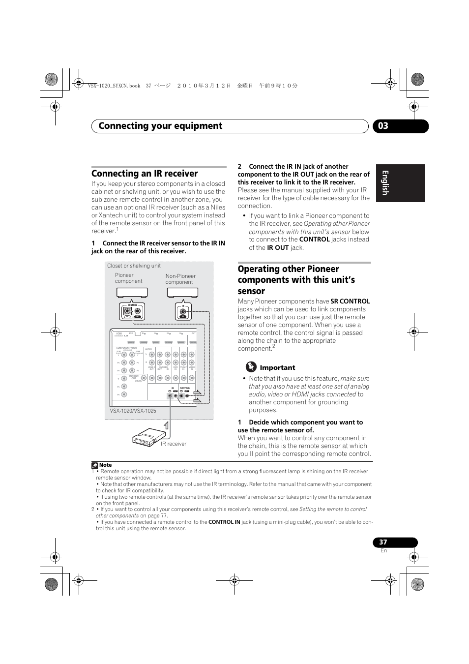 Connecting an ir receiver, Important, Connecting your equipment 03 | Pioneer VSX-920-K User Manual | Page 37 / 400