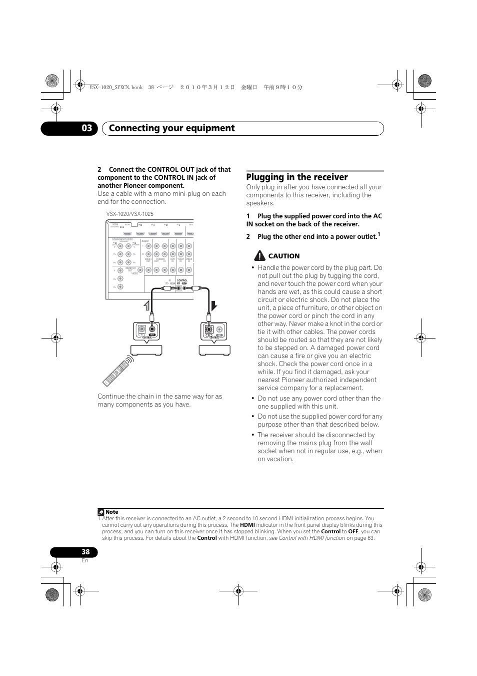 Plugging in the receiver, 2 plug the other end into a power outlet, Caution | Connecting your equipment 03 | Pioneer VSX-920-K User Manual | Page 38 / 400