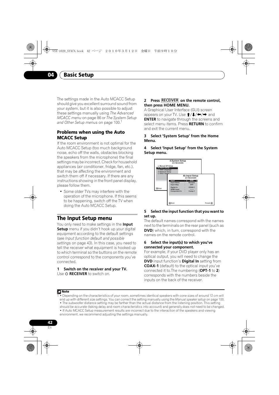 Problems when using the auto mcacc setup, The input setup menu, 1 switch on the receiver and your tv | 3 select ‘system setup’ from the home menu, 4 select ‘input setup’ from the system setup menu, Basic setup 04 | Pioneer VSX-920-K User Manual | Page 42 / 400