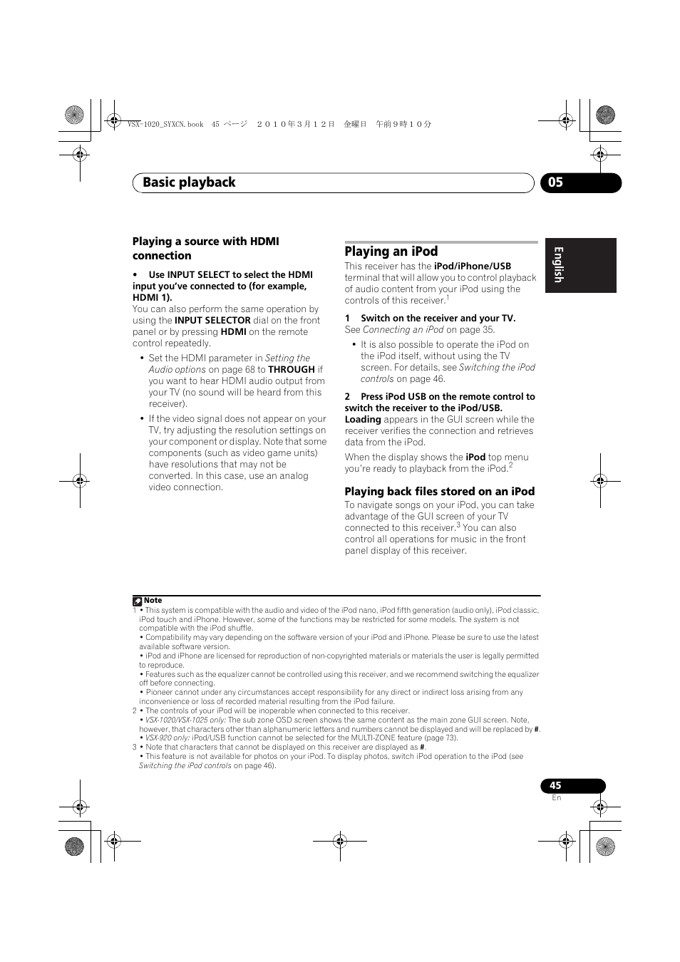 Playing a source with hdmi connection, Playing an ipod, 1 switch on the receiver and your tv | Playing back files stored on an ipod, Basic playback 05 | Pioneer VSX-920-K User Manual | Page 45 / 400