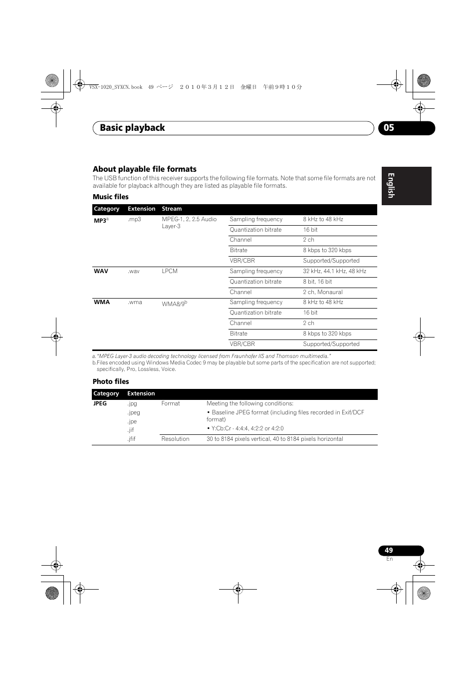 About playable file formats, Music files, Photo files | Basic playback 05 | Pioneer VSX-920-K User Manual | Page 49 / 400