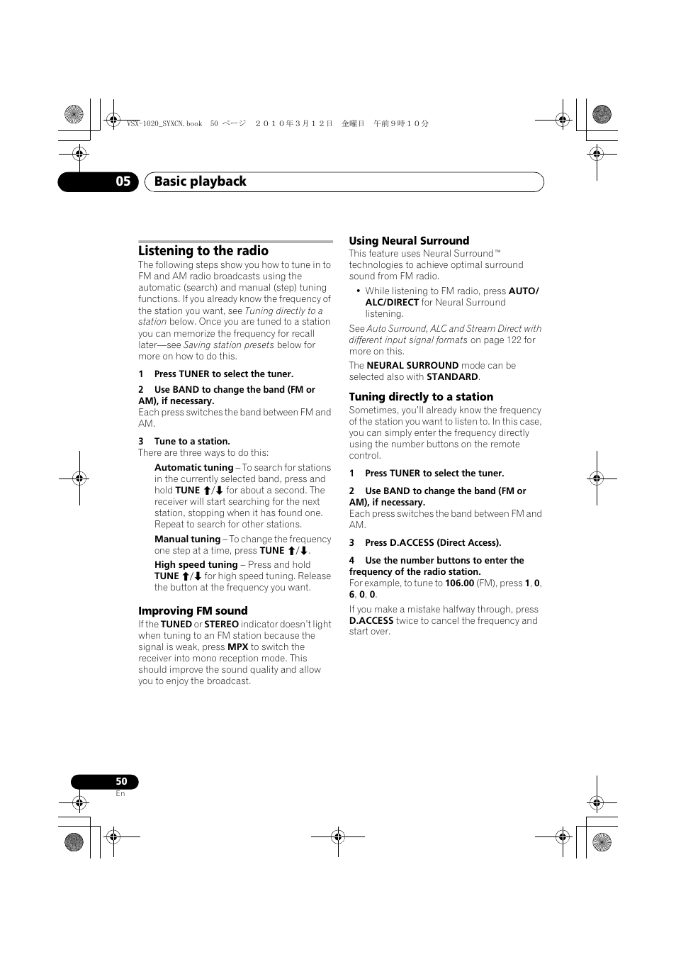 Listening to the radio, 1 press tuner to select the tuner, 3 tune to a station | Improving fm sound, Using neural surround, Tuning directly to a station, 3 press d.access (direct access), Basic playback 05 | Pioneer VSX-920-K User Manual | Page 50 / 400