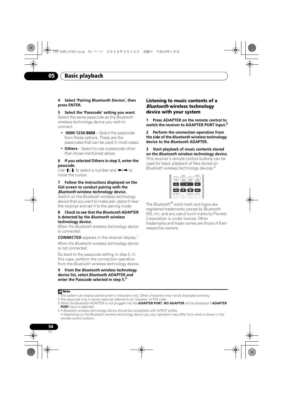5 select the ‘passcode’ setting you want, Basic playback 05, Bluetooth | Listening to music contents of a, Wireless technology device with your system | Pioneer VSX-920-K User Manual | Page 54 / 400