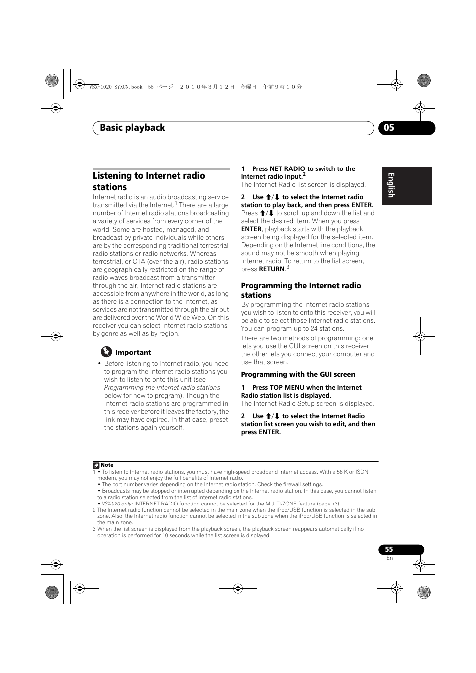 Listening to internet radio stations, Important, Programming the internet radio stations | Programming with the gui screen, Basic playback 05 | Pioneer VSX-920-K User Manual | Page 55 / 400