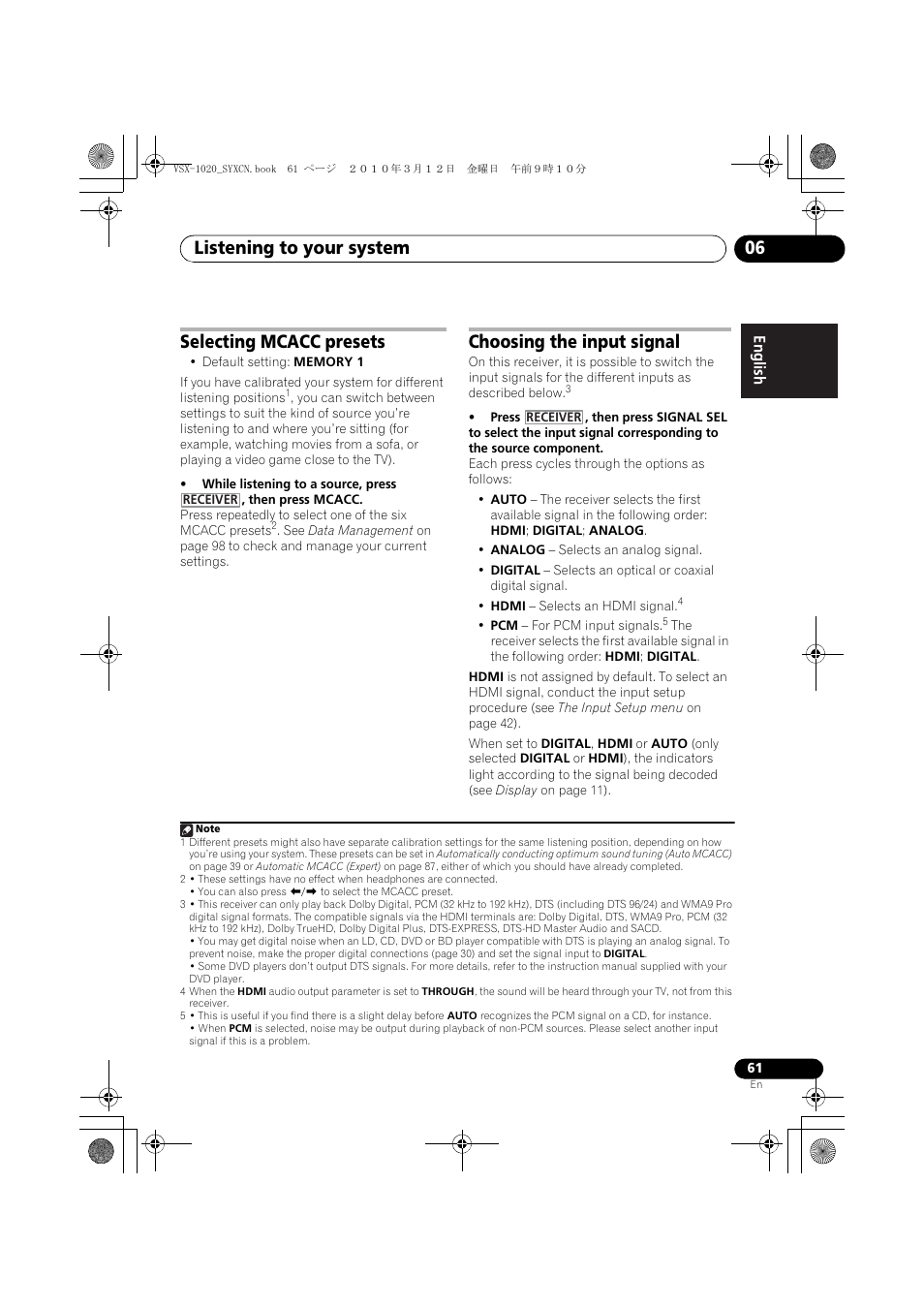 Selecting mcacc presets, Choosing the input signal, Listening to your system 06 | Pioneer VSX-920-K User Manual | Page 61 / 400