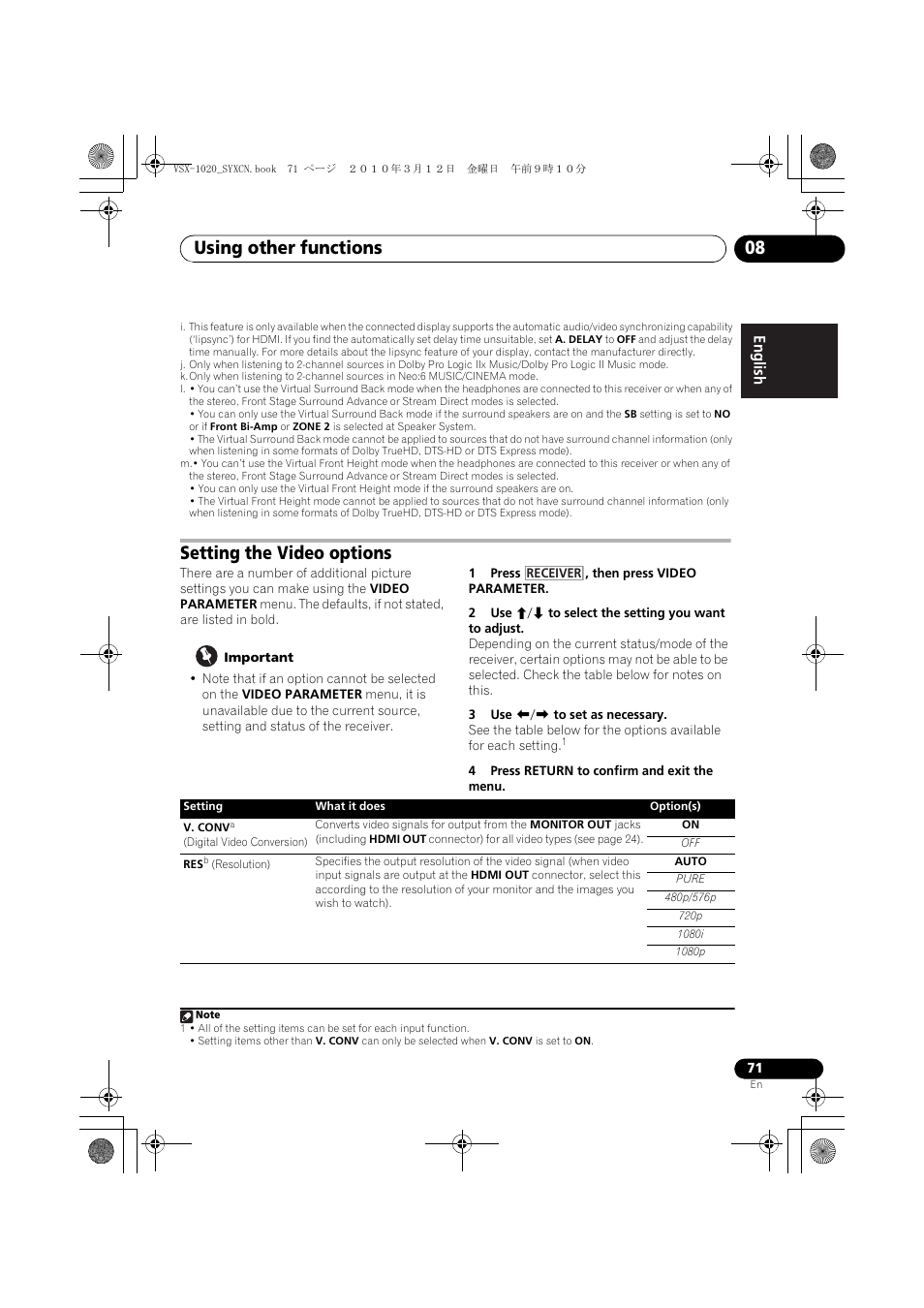 Setting the video options, Important, 1 press , then press video parameter | 2 use i/j to select the setting you want to adjust, 3 use k/l to set as necessary, 4 press return to confirm and exit the menu, Using other functions 08 | Pioneer VSX-920-K User Manual | Page 71 / 400