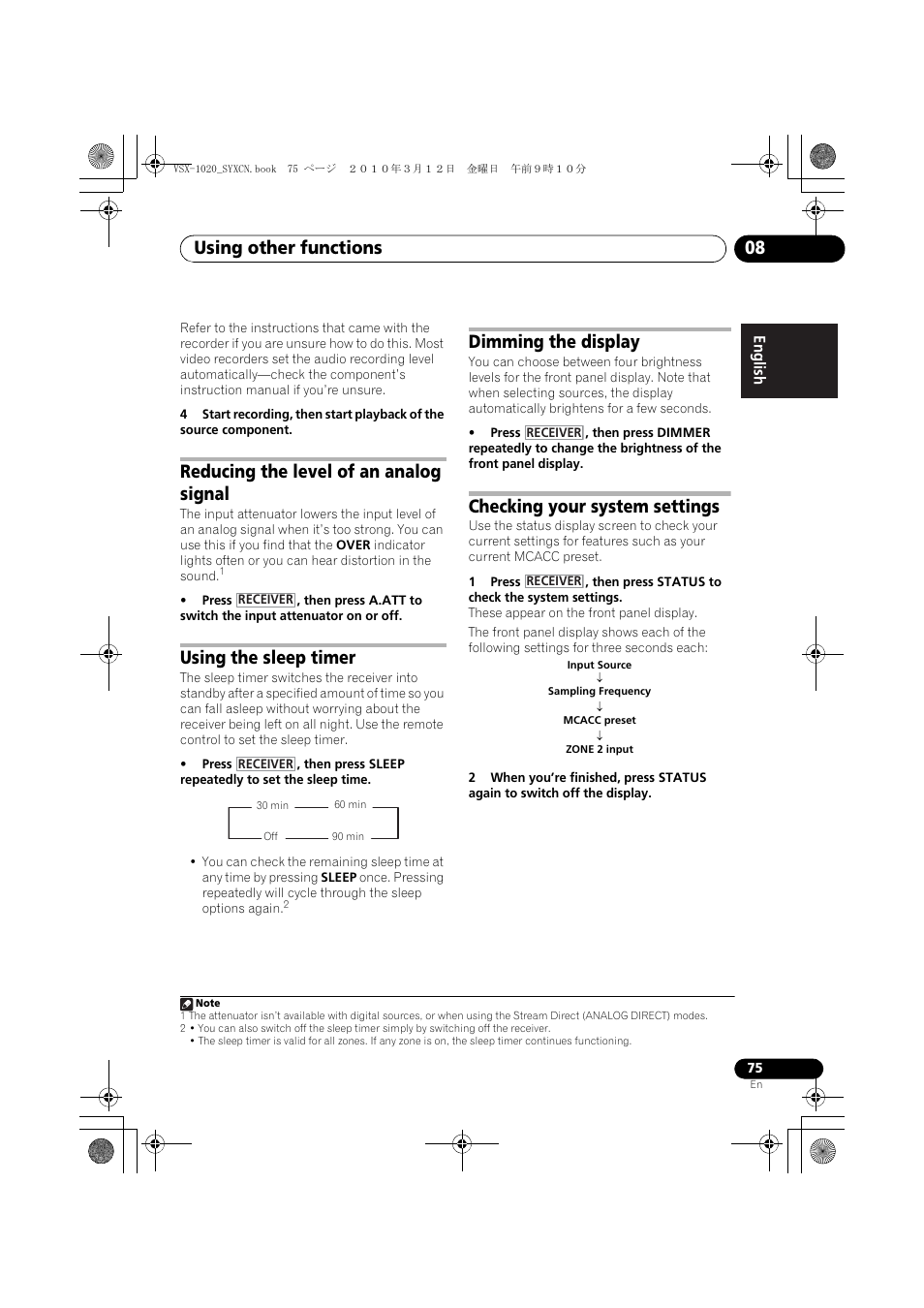 Reducing the level of an analog signal, Using the sleep timer, Dimming the display | Checking your system settings, Using other functions 08 | Pioneer VSX-920-K User Manual | Page 75 / 400