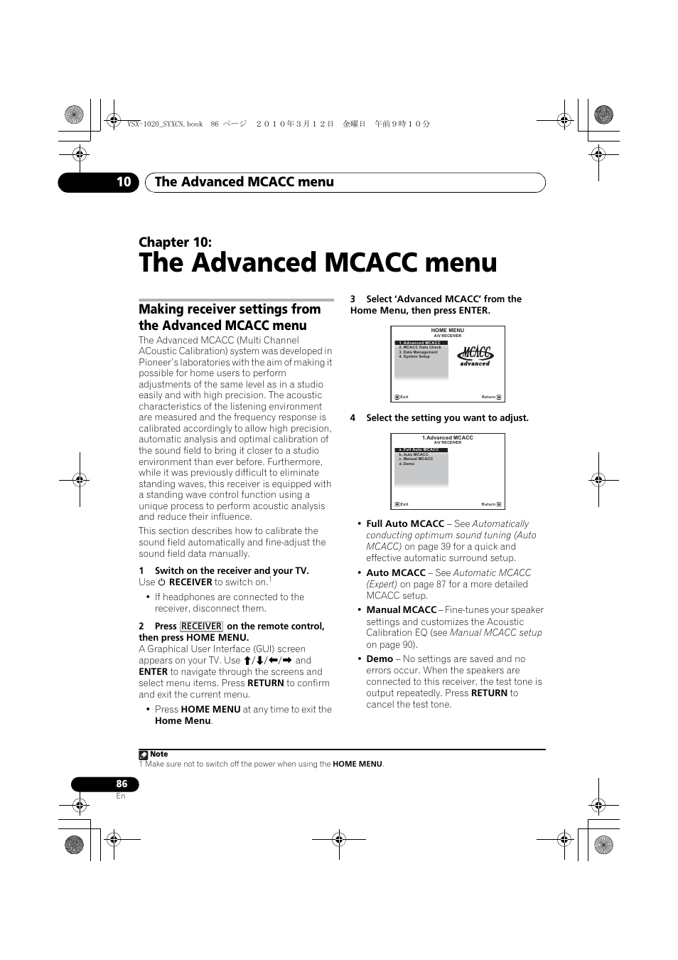 The advanced mcacc menu, 1 switch on the receiver and your tv, 4 select the setting you want to adjust | 10 the advanced mcacc menu, The advanced mcacc menu 10, Chapter 10 | Pioneer VSX-920-K User Manual | Page 86 / 400