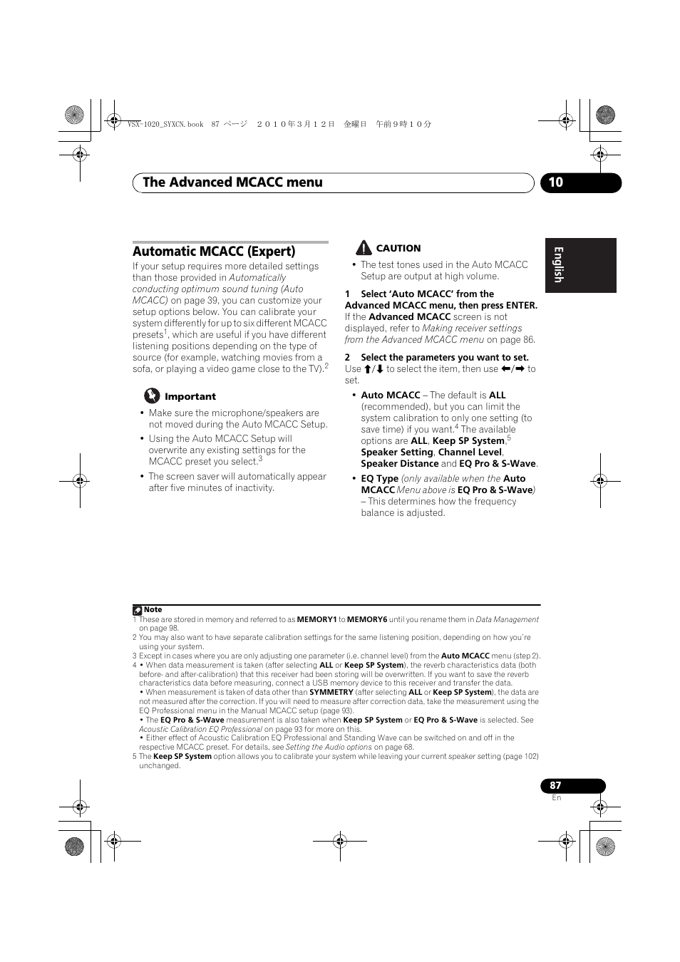 Automatic mcacc (expert), Important, Caution | 2 select the parameters you want to set, The advanced mcacc menu 10 | Pioneer VSX-920-K User Manual | Page 87 / 400